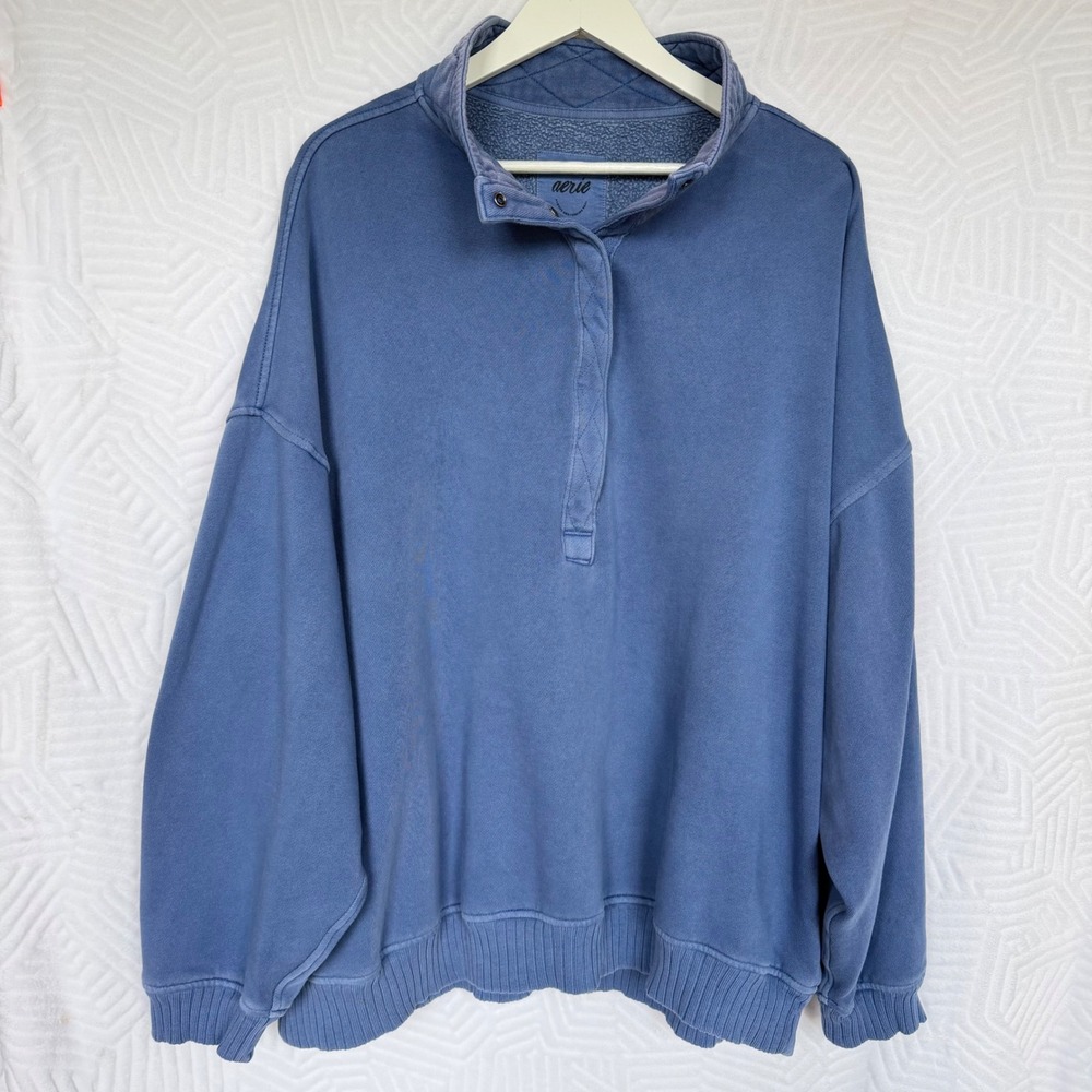 Aerie Getaway Quarter Snap Sweatshirt Oversized Washed Blue Fleece XL - Picture 1 of 7